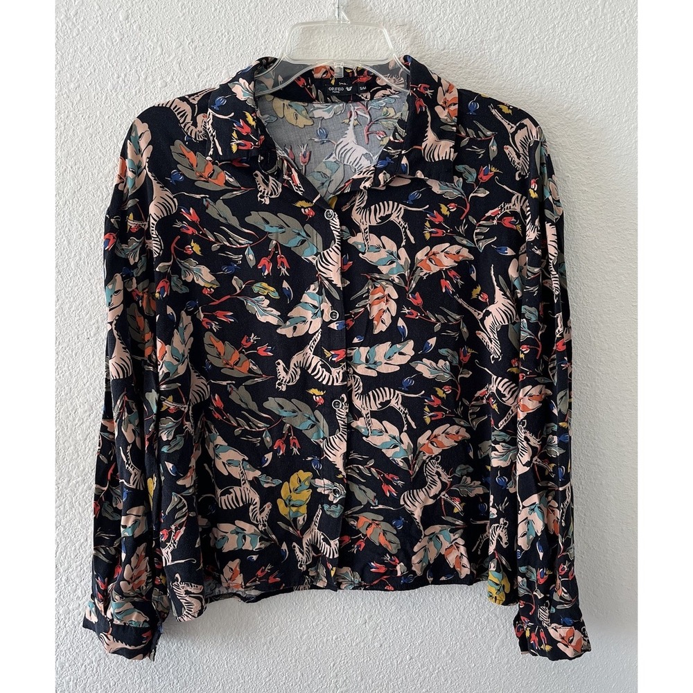 Orfeo Paris Women's Blouse Size S/M Button Up Black Print Cropped Artsy Chic